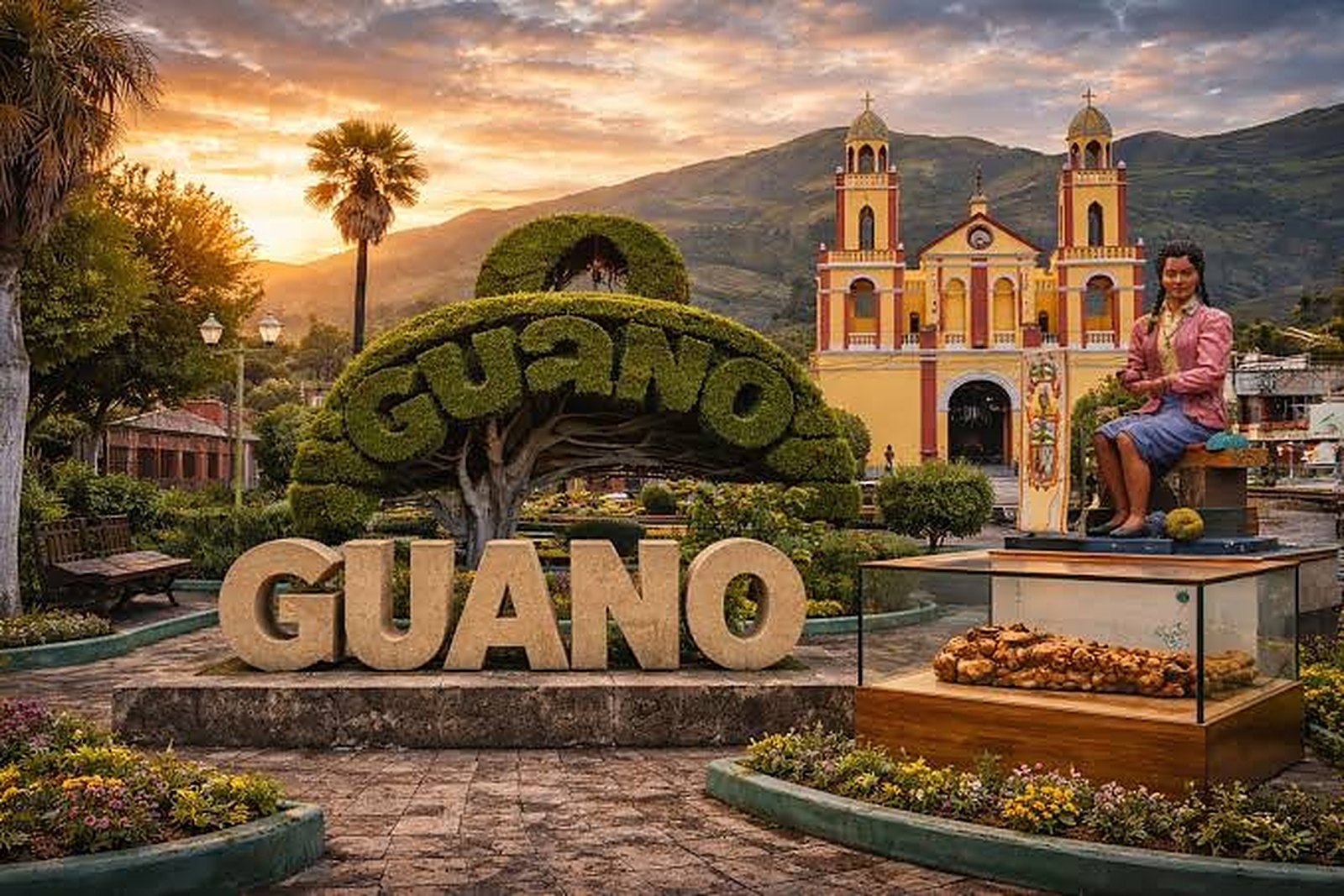 Parque central de Guano al atardecer, con las letras de Guano y la iglesia al fondo